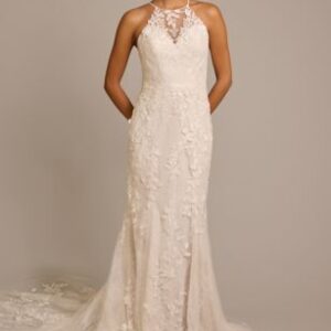 David’s Bridal Lace Mermaid Wedding ceremony Costume with Excessive-Neck Halter